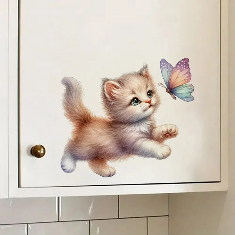 

KT324# Cat Catching Butterfly Self-Adhesive Stickers, Bedroom Entryway Living Room Porch Home Decoration Wall Stickers