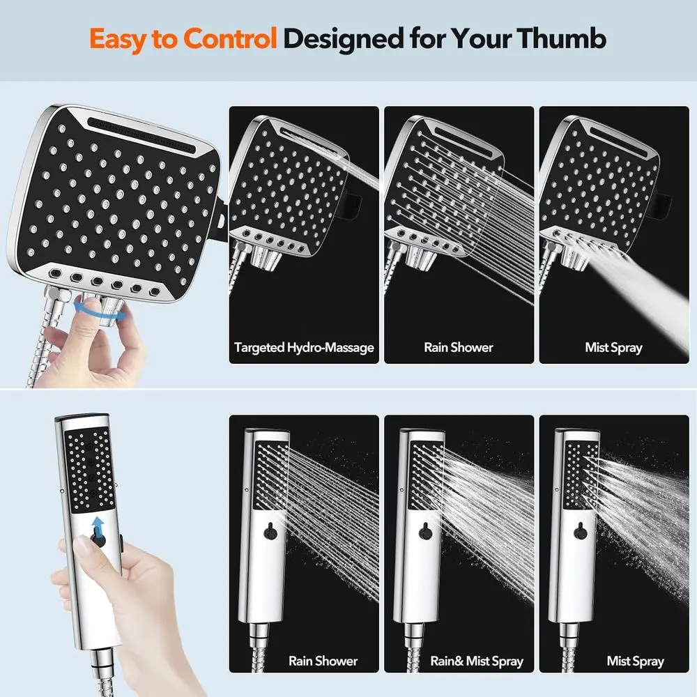 رأس دش مزدوج محمول مقاس 10 بوصات مع 7 أوضاع للرش وخرطوم من الفولاذ المقاوم للصدأ #6