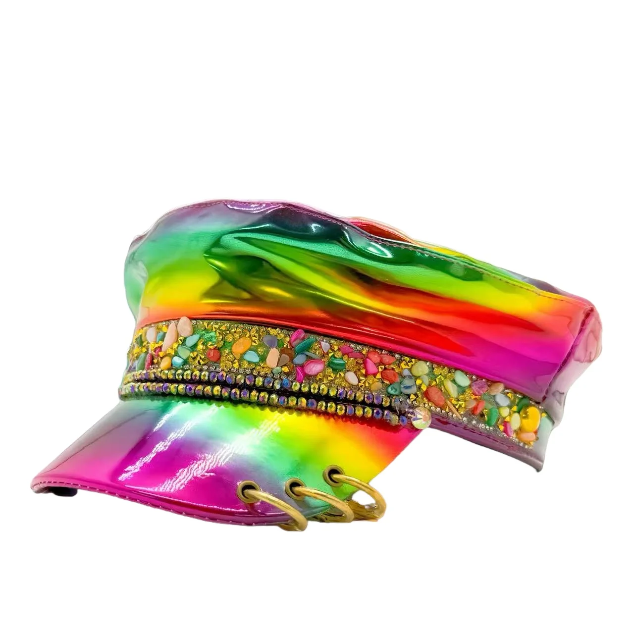 HongLuan  Laser Leather Captain Hat Rhinestone & Military Caps for Woman, Rave Festivals Accessories ＆ Party Cap Man Cosplay Fem