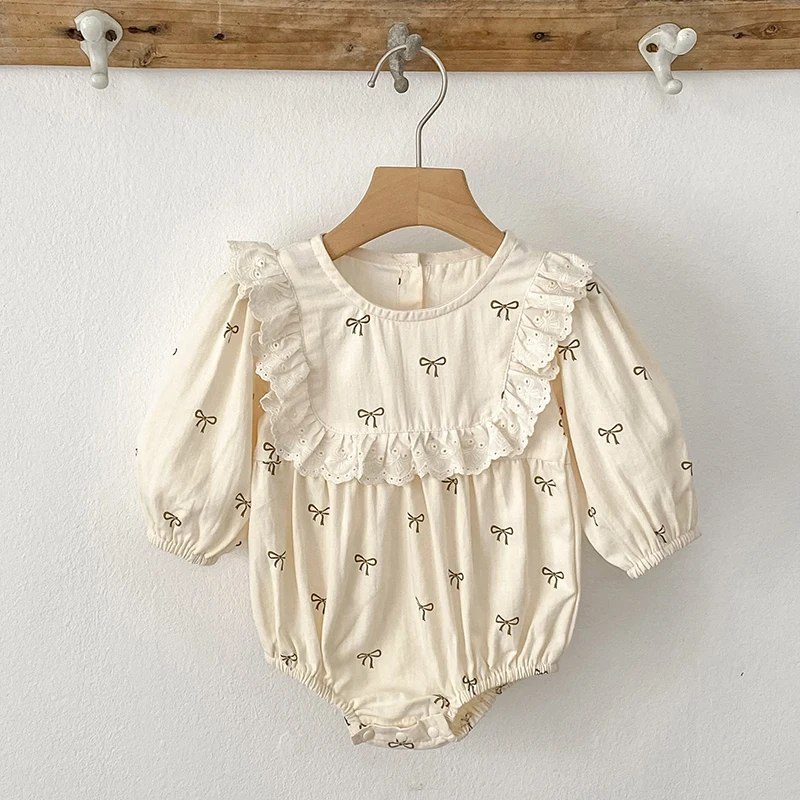 Autumn 0-24M Fashion Baby Clothing Newborn Infant Baby Girls Bow Romper Muslin Lapel Rompers Kids One Piece Newborn Jumpsuit