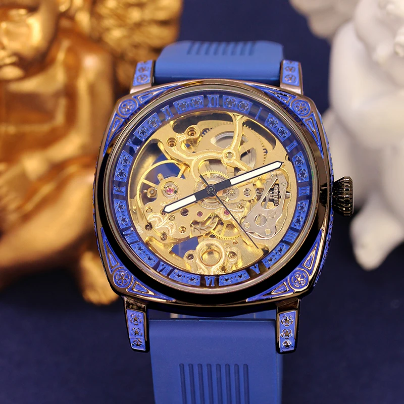 

Мужские синие ленты, элегантные, минималистичные, резные, двусторонние, полые, автоматические механические часы