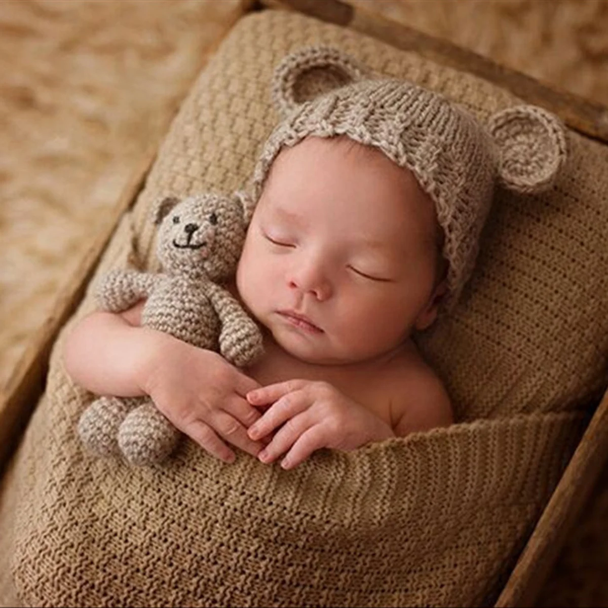 

Bear Design Knitted Hat Beige Newborn Baby Photography Prop Cap Photo Shoot Accessories 0-3 Months Baby Photo Hat