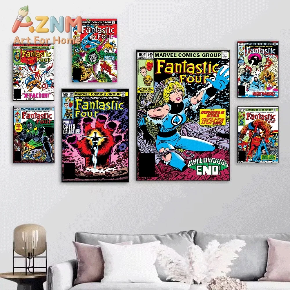 AZNM Fantastic Four Stripped of Their Incredible Powers Vintage Comic Collage Canvas Wall Art Unframed Print, Superhero Poster