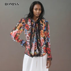 ROMISS Colorblock Patchwork Print Shirts For Women Bowknot Collar Flare Sleeve Blouses Female Fashion Vintage 2024 Clothing