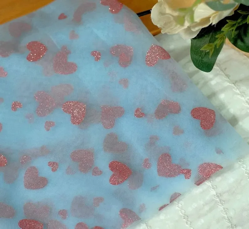 9 Colors pink Glitter Sequins Heart Tulle Fabric Love Heart Lace Fabric For Tutu dress，Dance Costume, Prom Dress,  Party Decor