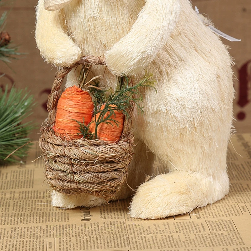 Easter Straw Bowknot Bunny with Carrot Basket Artificial Standing Rabbit for Dol