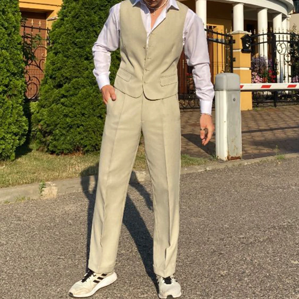Homens colete calças terno 2 peça conjunto fino ajuste decote em v único breasted casual elegante escritório de negócios formal wear elegante confortável b