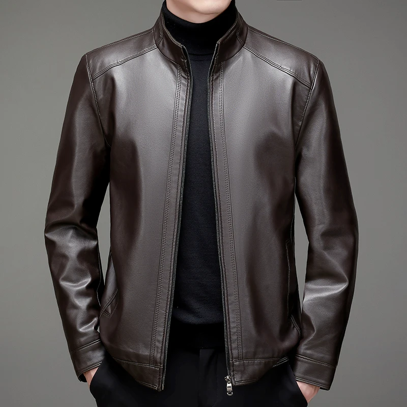 

High-quality men's stand-up collar leather jacket, fashionable and stylish, casual travel premium sheepskin leather jacket