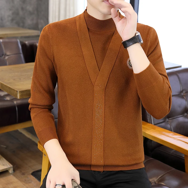 

Мужской вязаный жилет-свитер премиум-класса, облегающий, осенне-зимний, с эффектом двухслойности, украшенный стразами