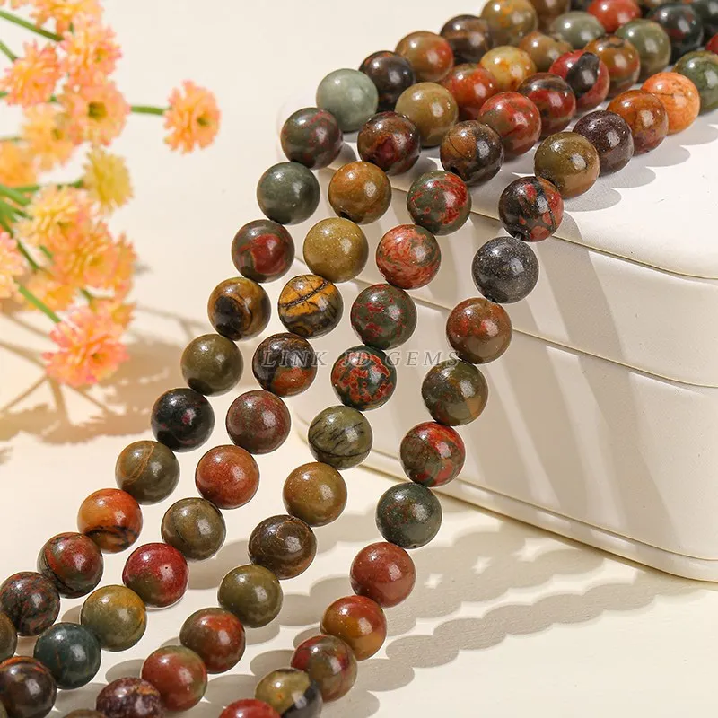 Natural Smooth Red Picasso Jasper 4 6 8 10MM Round Loose Strand Stone Bead For Jewelry Making Bracelets Necklace Accessory Diy