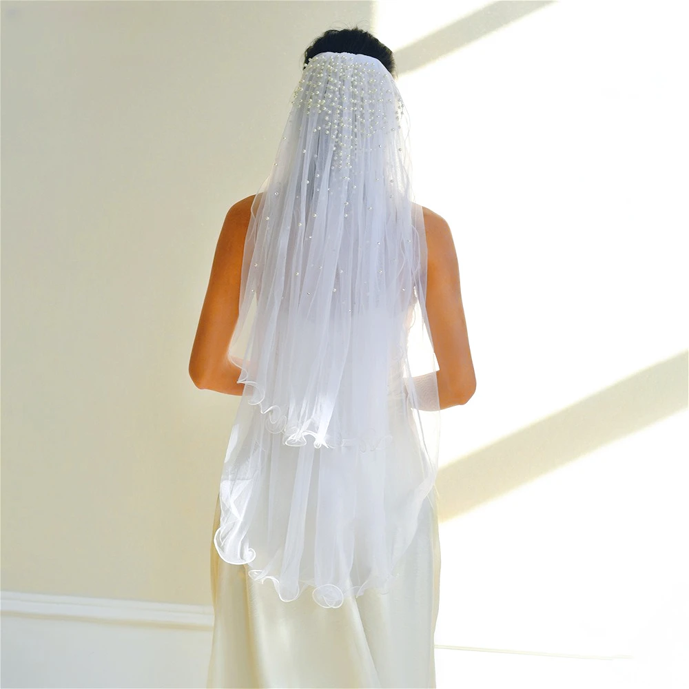Off-White Pearl Wedding Veil Two-Layer Fingertip Veil with Scalloped Edge for Bride Wedding Accessories Women's Wedding Dress