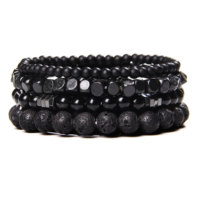 Männer Multilayer Stein Armband 4 Teile/satz Natürliche Schwarz Hämatit Vulkanischen Lava Stein Perle Elastische Armreif Vintage-Schmuck Geschenk – Detail 5