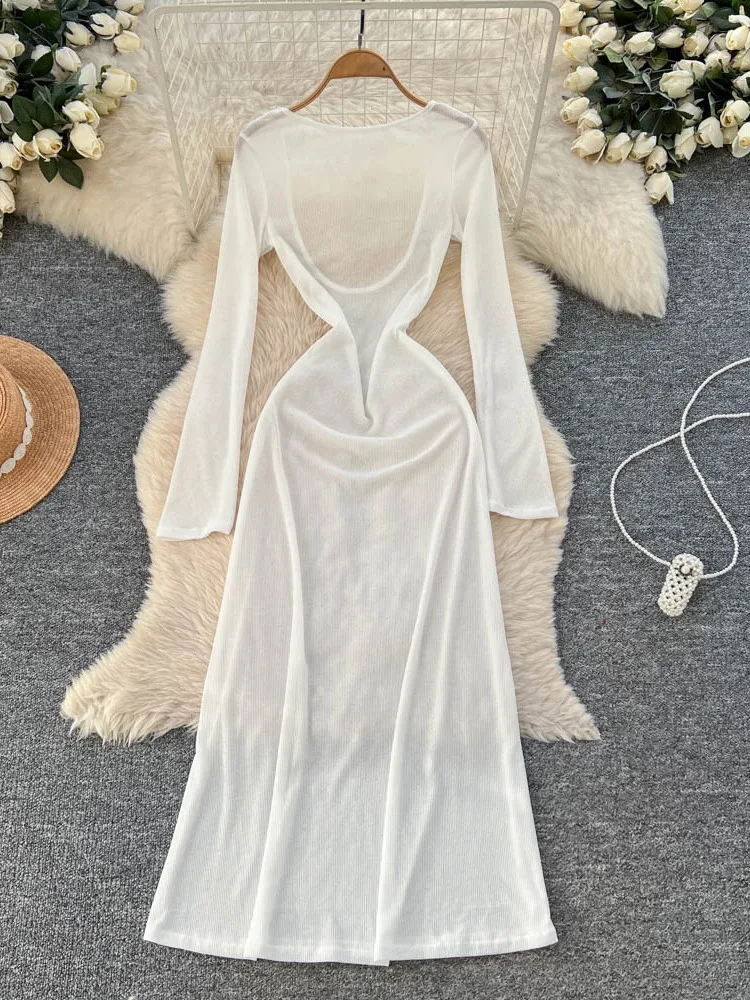 فستان Foamlina مثير بدون ظهر نحيف ماكسي أنيق ومنظور شفاف لقضاء عطلة الشاطئ للنساء، فستان سادة بأكمام طويلة