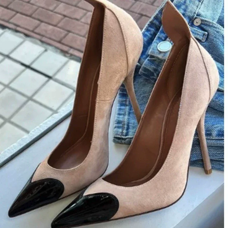 

High-heeled shoes spring pointed shallow suede heart-shaped patent leather stitching single shoes banquet large size women shoes