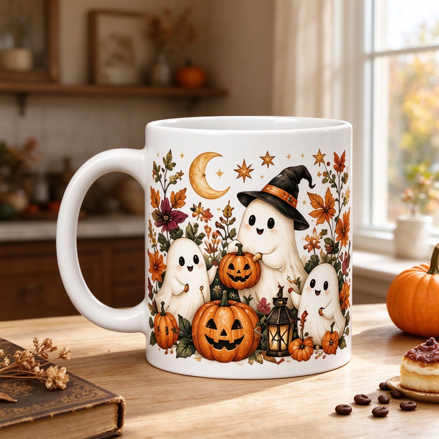 Cute Halloween Ghost Pumpkin Print 11oz Ceramic Coffee Mug Fall Floral Crescent Moon Water Cup Witchy Autumn Home Gift