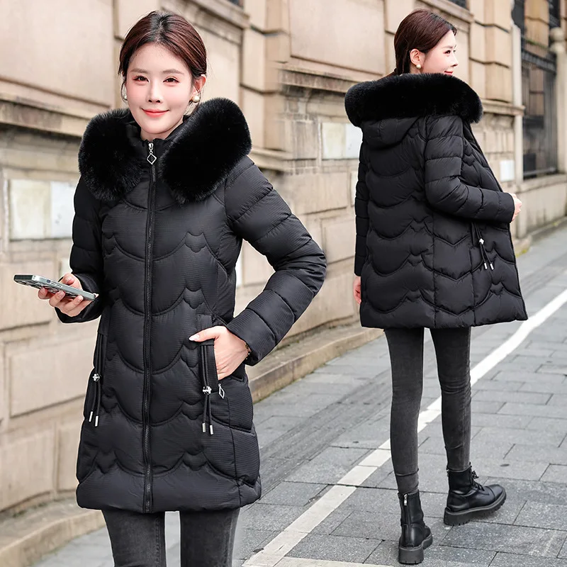 Women Hooded Parkas Coats Mid Lenth Jackets Solid Zipper Fur Collar Long Sleeves Straight Fit Thick Casual 2025 Autumn Winter
