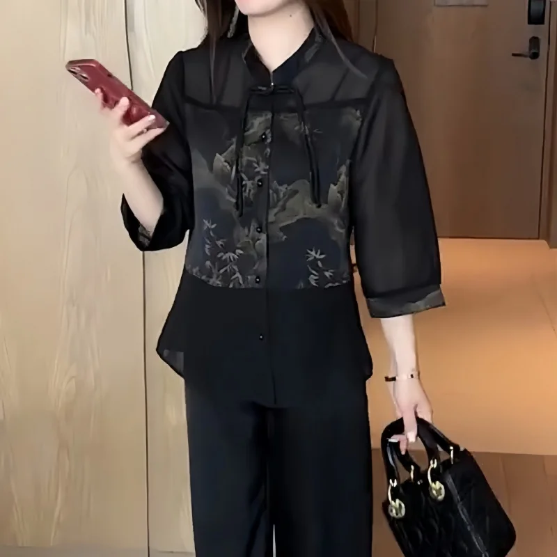 2024New Loose-Fitting Western Style Blouse Temperament Slimming Top New Chinese Style National Style Shirt Female Middle-Aged Mo