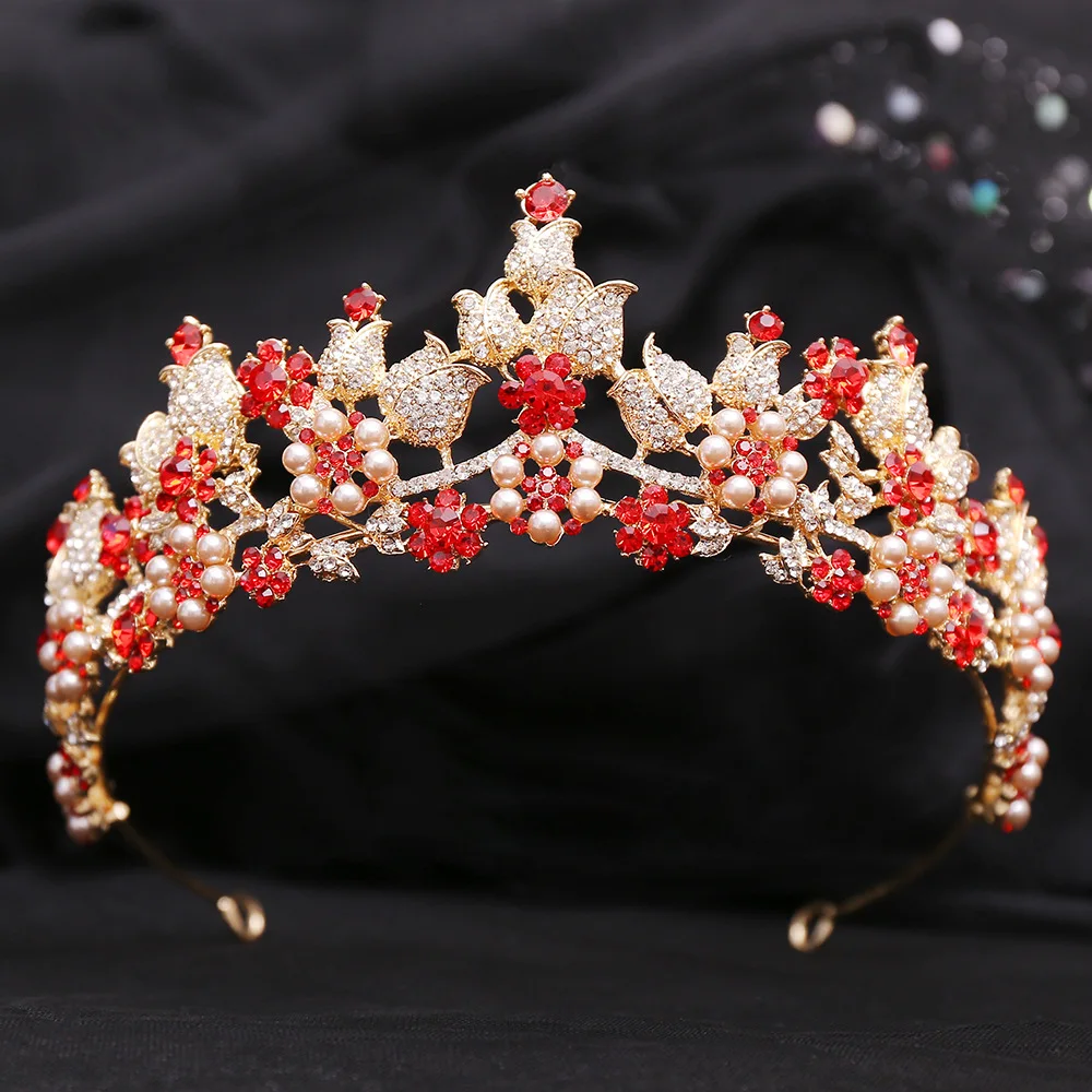 

Bridal Floral Pearl Crystal Crown Wedding Dress Accessories Princess Tiara Jewelry Headdress Queen Party Decoration