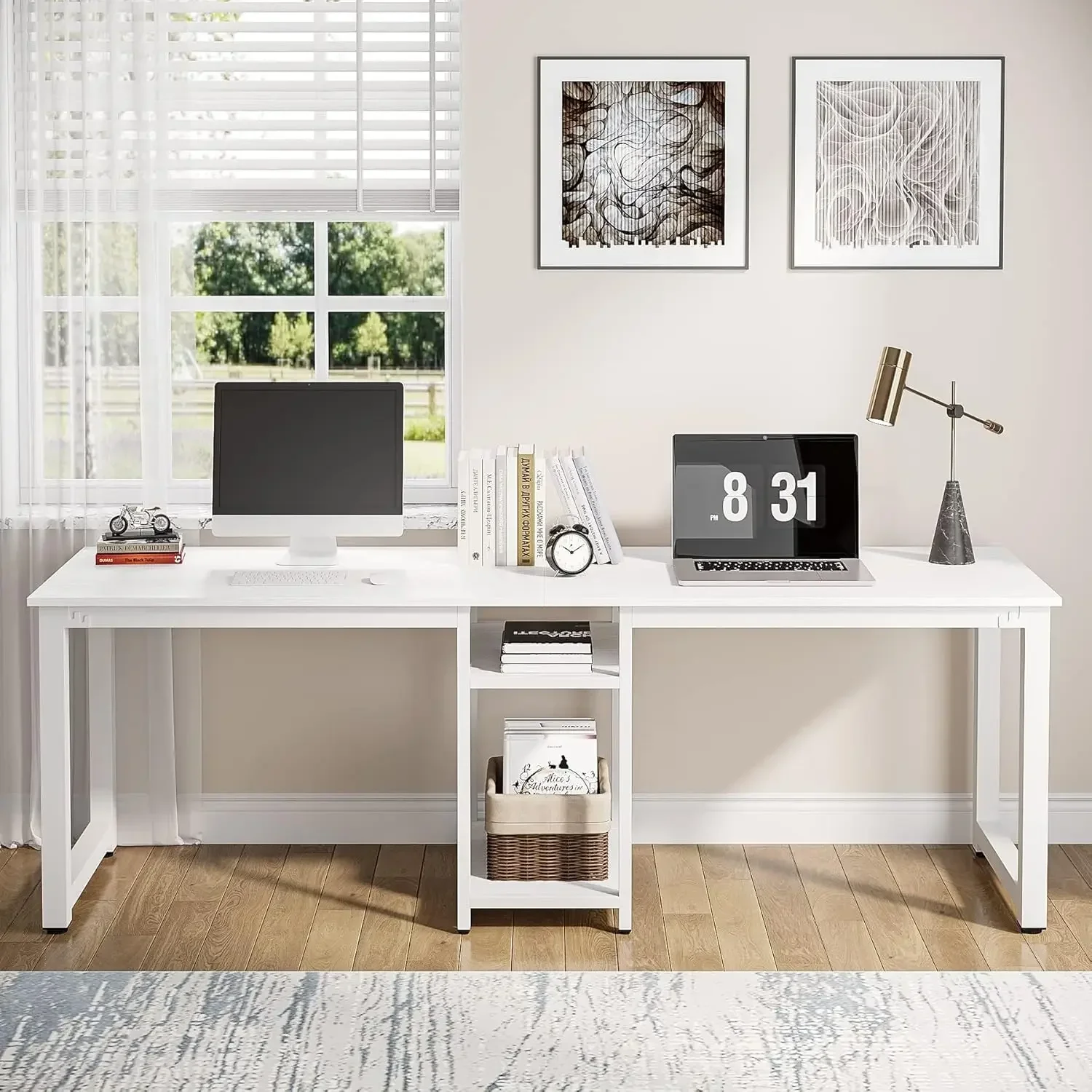 78 Inches Computer Desk, Extra Large Two Person Office Desk with Shelf, Double Workstation Desk for Home Office(White)