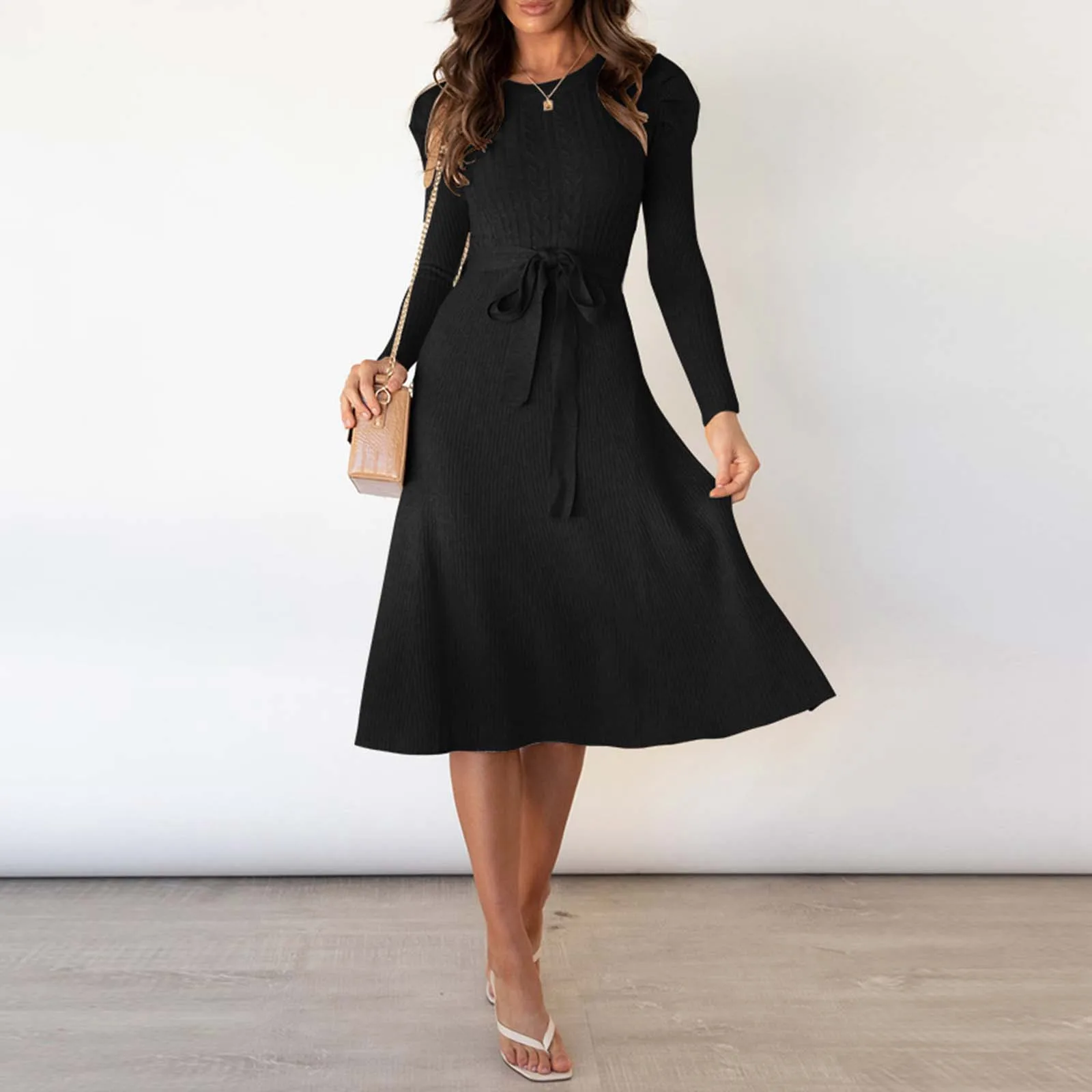 Fall Dresses For Women 2024 Casual Bubble Sleeve Slim High Waist Large Hem Medium Long Knitting Fashion Dress Homecoming Dresses