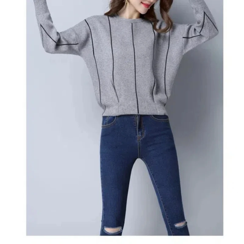 Knitted Long Sleeve Contrast Color Women\'s Clothing Crew Neck Striped Screw Thread Pullover Sweater Autumn Winter Loose Tops