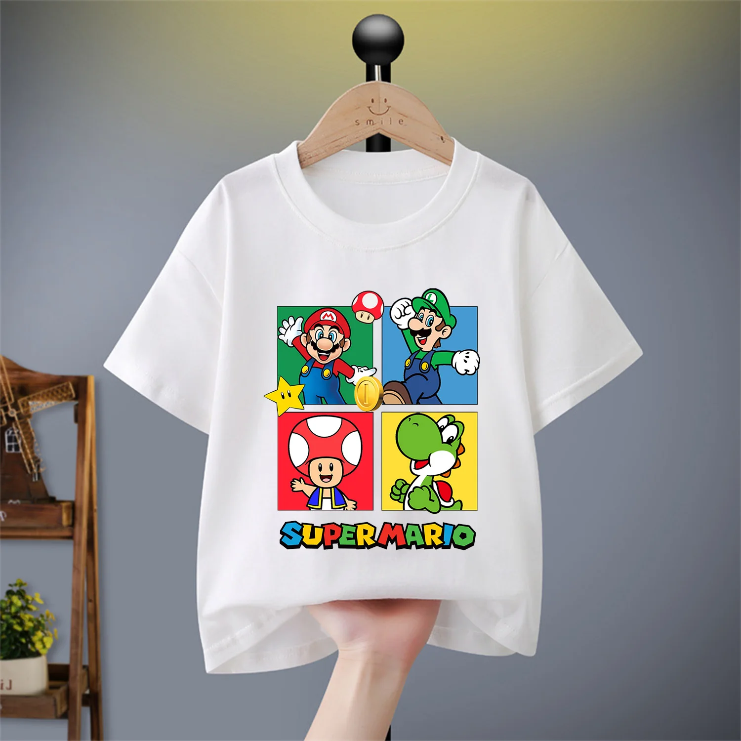 Camiseta de algodón de Super Mario Bros para niños, ropa de dibujos animados, figura de juego de moda, ropa blanca y negra, Tops, camiseta de verano