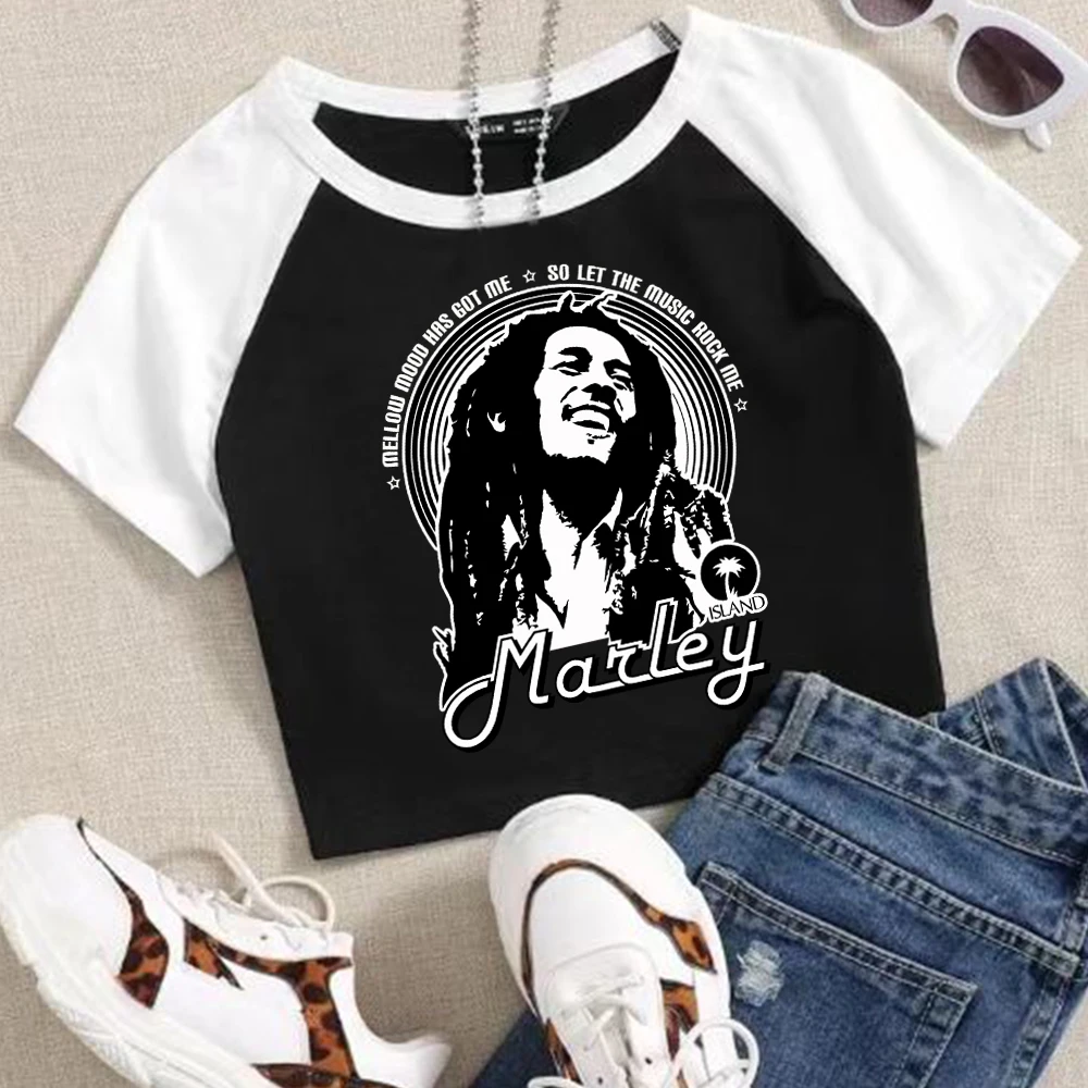 

Bob Marley Woman's Crop T-Shirt Girls Fashion O-Neck Short Sleeves Shirts Music Fans Gift