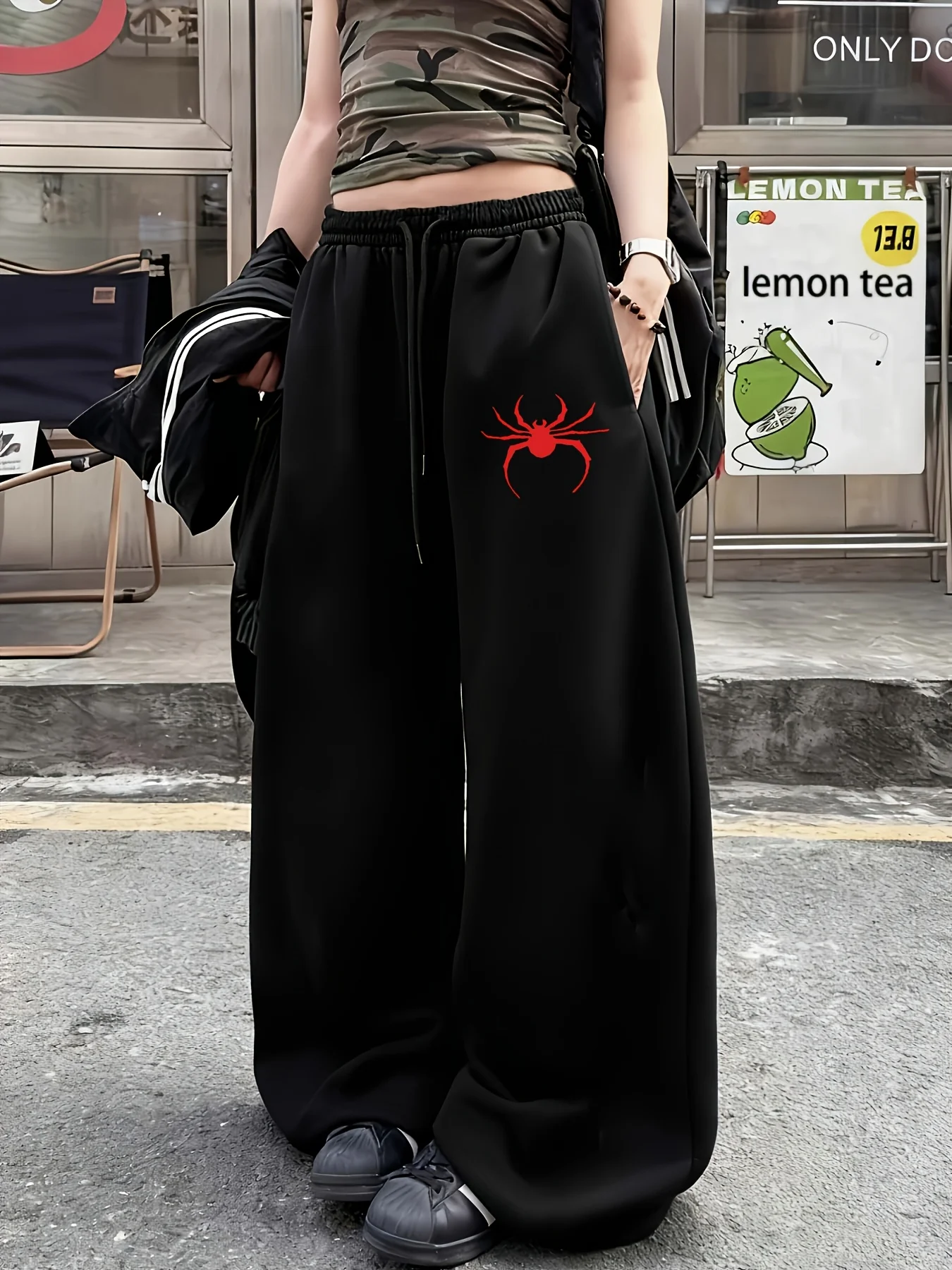 Streetwear Women Quick Dry Trousers 3D Insect Spider Pattern Wide Leg Pants Elastic Waist Loose Y2K Hip Hop Pants