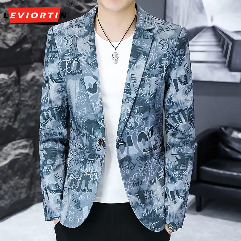 

2023Spring and Autumn New Men's Suit Coat Fashion Versatile Printed Slim Fit Coat Korean Version Trendy Casual Single West M-4XL