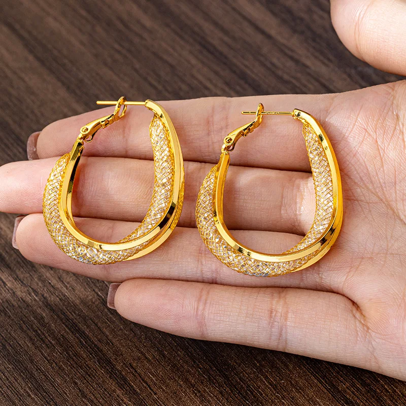Luxury 24K 9999 Pure Gold real gold Hollow mesh geometric earrings women's snakeskin earrings
