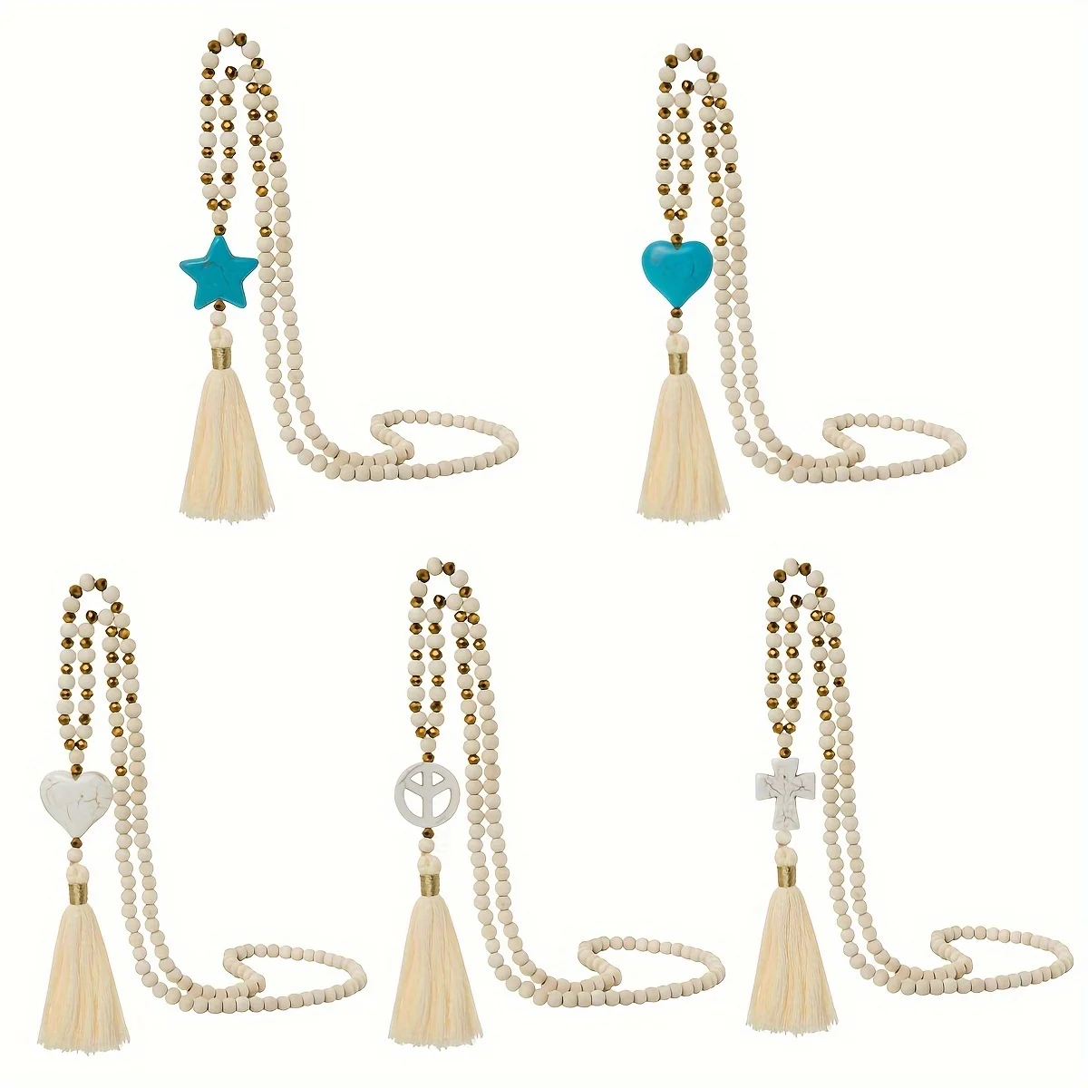 Bohemian style long necklace with wooden beads mixed with turquoise beads, love cross, five pointed star pendant, tassel Y-shape