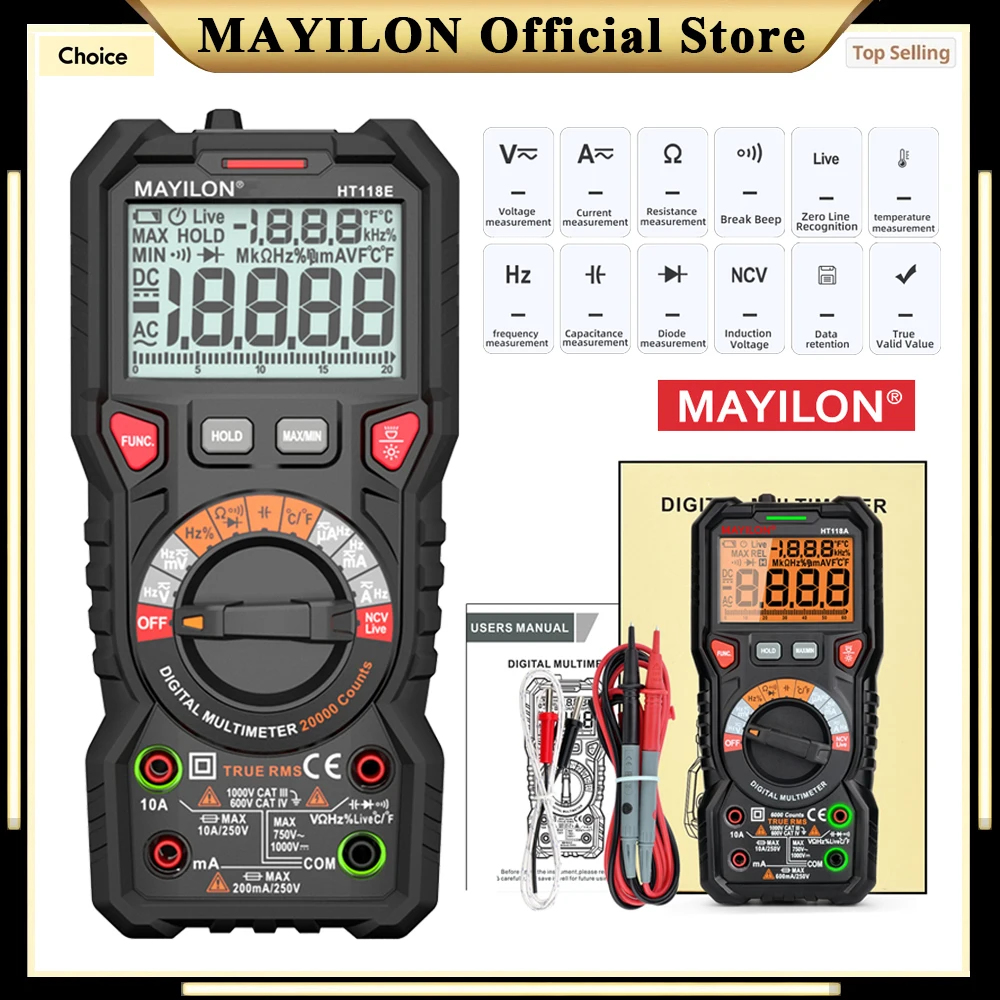 MAYILON HT118E Professional Digital Multimeter 20000 Counts AC/DC Voltmeter Ammeter Resistance Capacitance Frequency Multitester