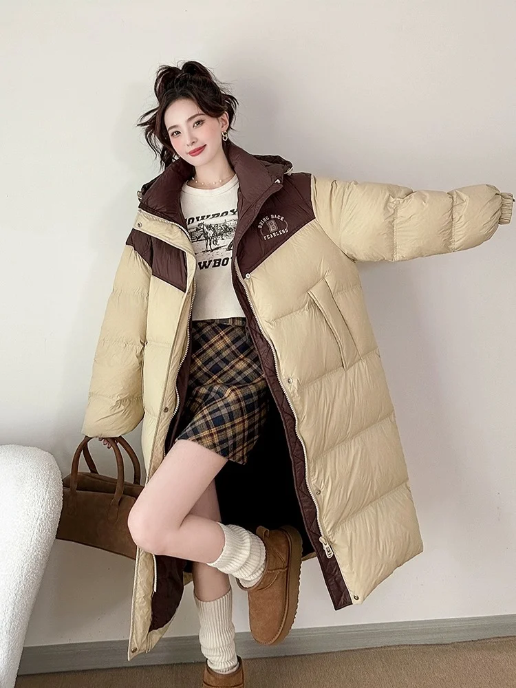 Puffer Coats Women Jacket 2024 New Casual Loose Hooded Warm Parka Color Clash Monogrammed Trendy Long Winter Coat Female