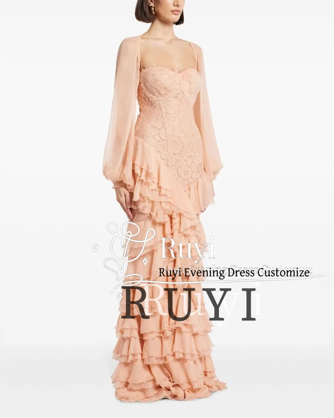 Abiti da ballo in pizzo con scollo a cuore personalizzati Abiti da sera in chiffon con maniche lunghe a sbuffo per occasioni formali con volant a strati