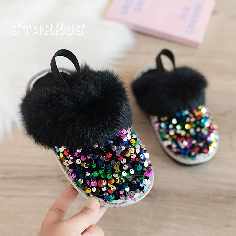 Bling Sequins Fur Slippers Child Winter Plush Mule Slides Kids Girls Brand Design  Warm Fluffy Home Shoes with Elastic Band