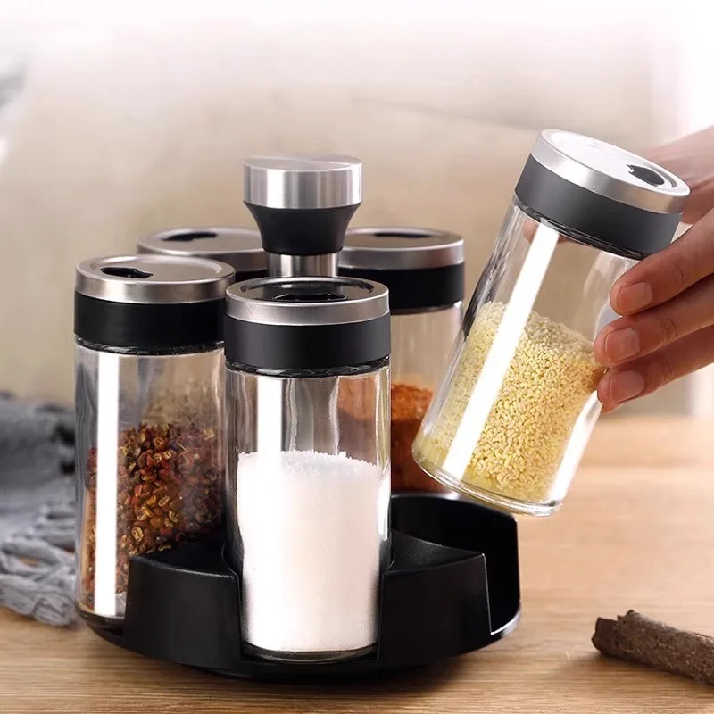 Rotating Stainless Steel Glass Seasoning Bottle, Salt and Pepper Shakers, Seasoning Box, Kitchen Seasoning Tool, Storage Rack