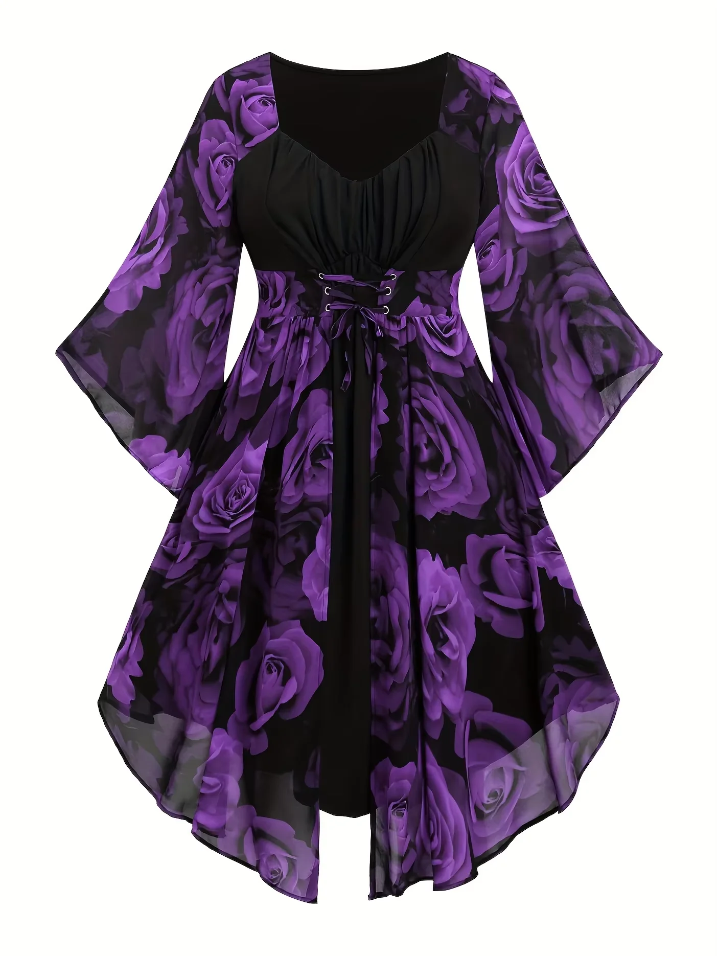 

2026 European and American fashion spring and autumn explosions plus size women's rose print drawstring irregular bat sleeve ele