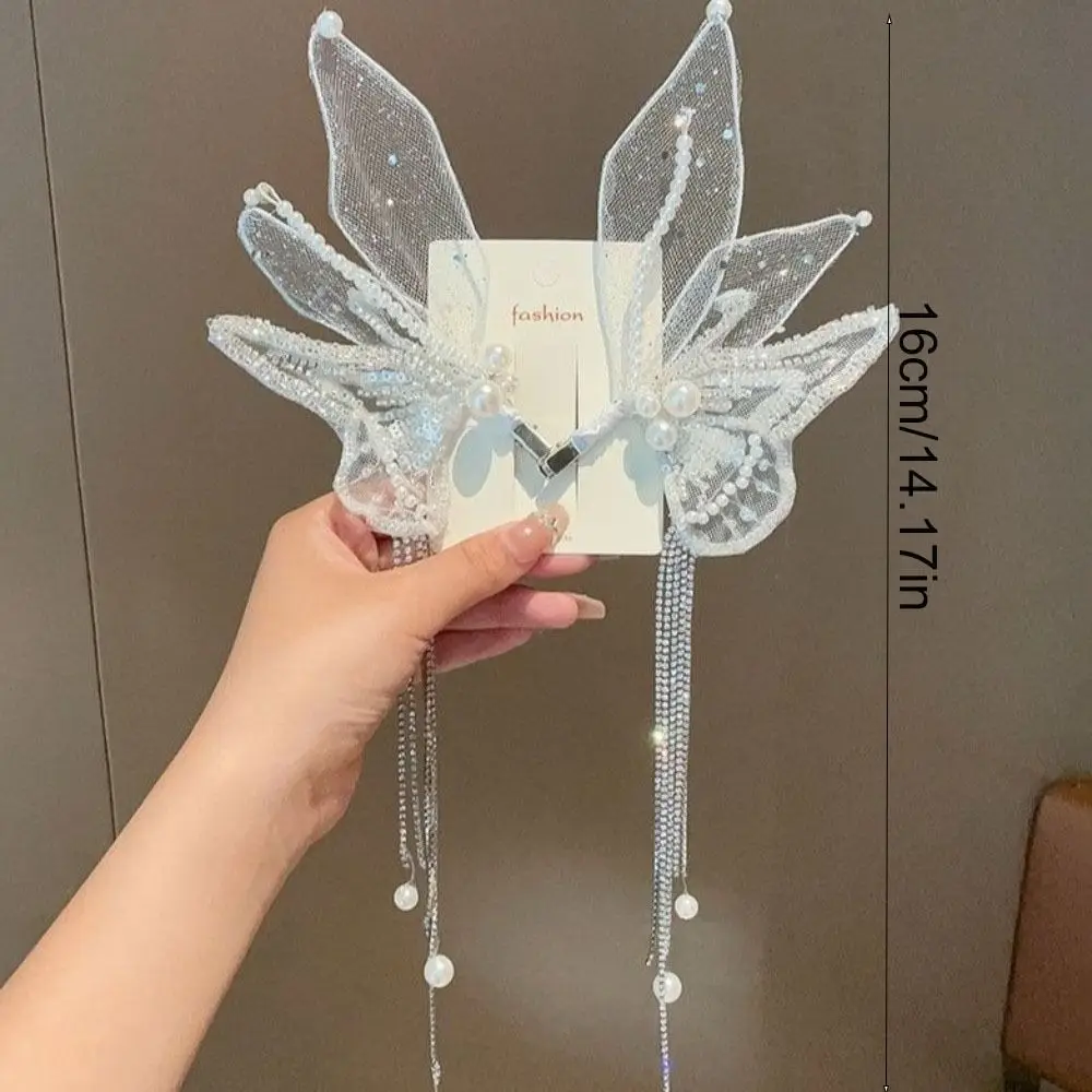 Jepit Rambut Kupu-kupu Rumbai Elegan Berhias Mutiara Besar Jepit Jala Peri Model Duckbill untuk Cosplay