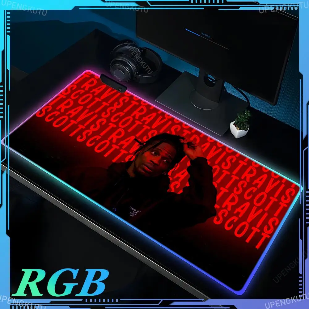 RGB T-Travis Scott Computer Game XXL MousePad LED Luminous Keyboard Pad Rapper Rubber Non-slip Red Desk Mat Game Anime Mouse Pad