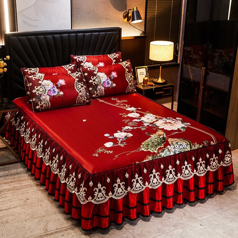 Luxury Lace Smooth Cool Summer Bedspread Thick Home Bed Skirt + Pillowcase Bed Sheets Embroidery European-style Bed Spreads