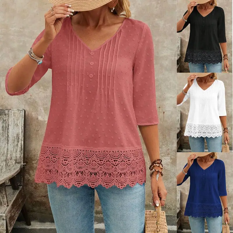 

Summer Women's White Shirt Jacquard Hollow V-neck Button Pleated Top Fashion Black Simple Pink Basic Blouses