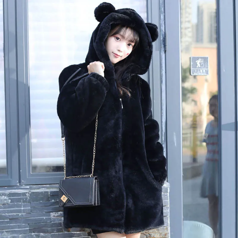 2024 New Arrival Imitation Fake Rabbit Fur Coat Women's Long Korean Style Thin Sweet Hooded Fur Overcoat Kawaii Girls Jackets