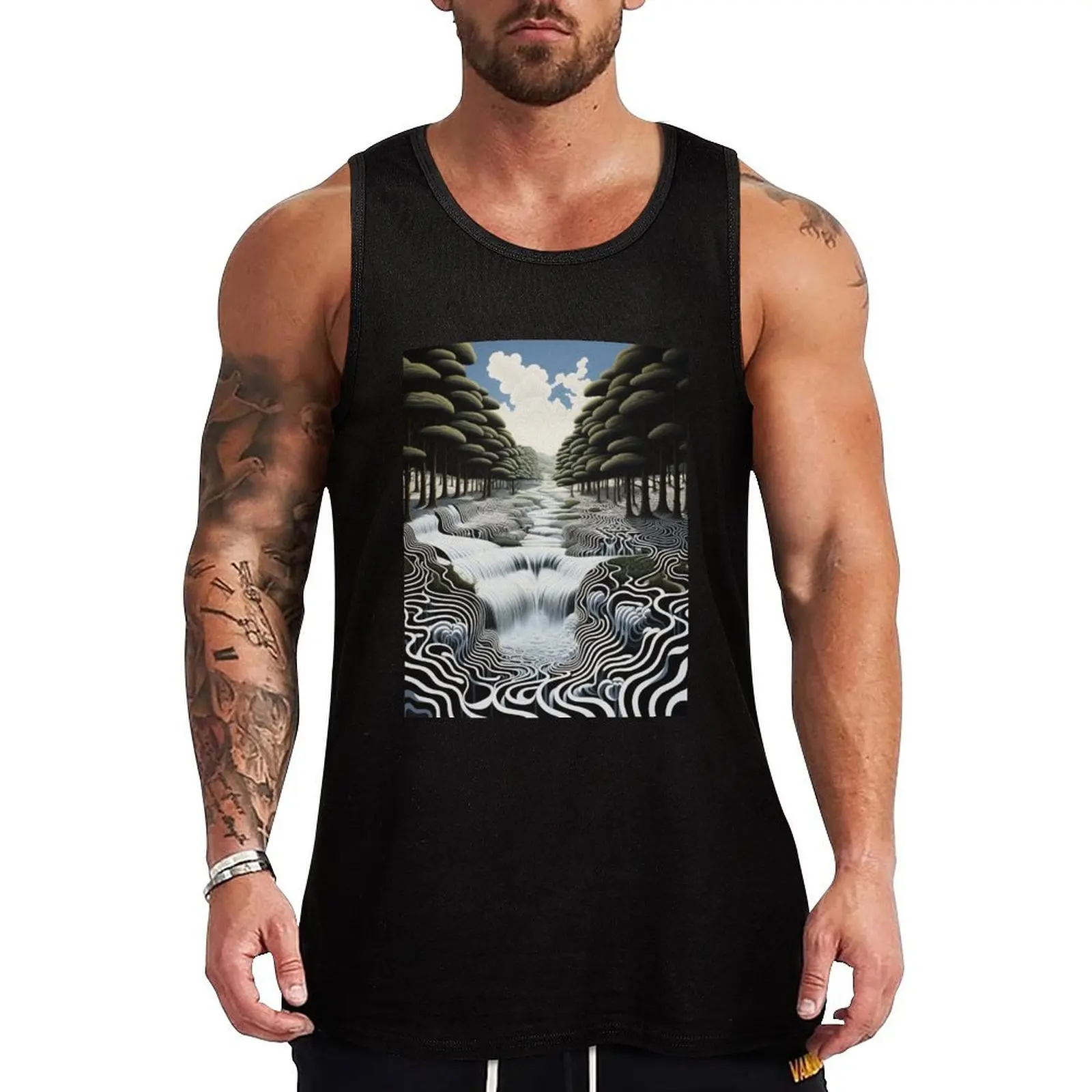 Geometric River Vista: Black and White Landscape with Green Trees and Blue Sky in Op Art Style Tank Top