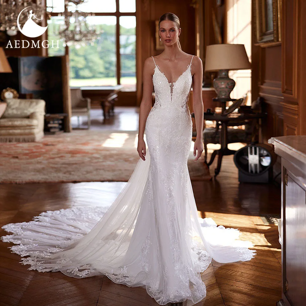 

Aedmgh Mermaid Sexy Wedding Dresses Spaghetti Straps Backless Vestido De Novia Lace Embroidery Elegant Custom Made Bridal Gown