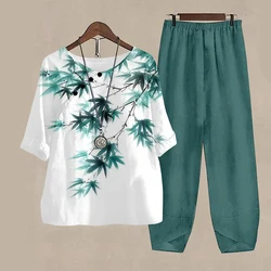 Summer Casual Two Piece Set Bamboo Printing Women Elegant O Neck Loose T Shirt High Waist Loose Pants Suit Female Outfits Autumn