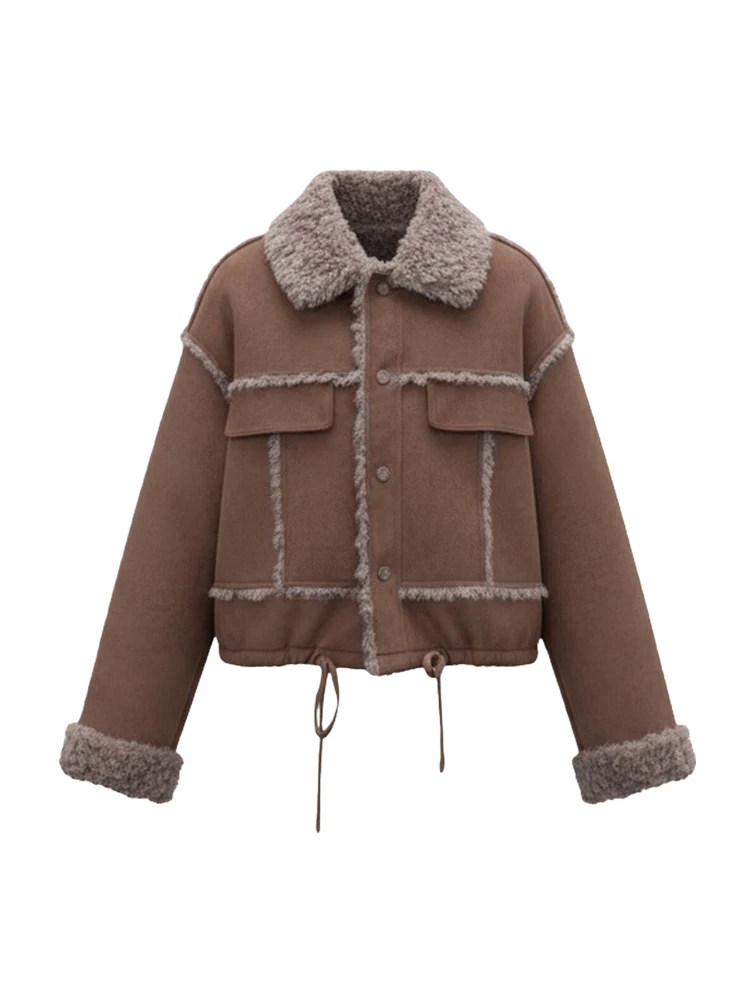 Kurtka damska z kołnierzem z futra, model 2025, nowa kolekcja zimowa, mały rozmiar, luźny krój, ciepła, podszyta polarem, prosty styl.