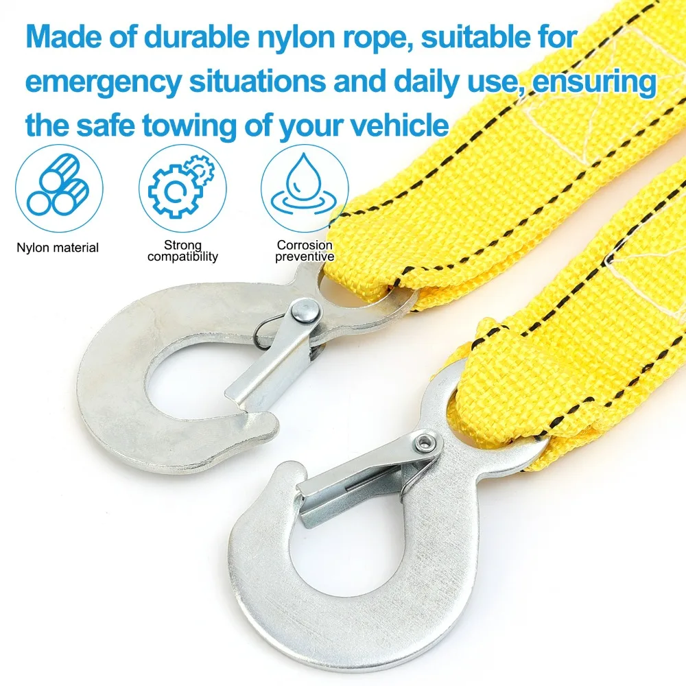 حبل سحب السيارة من النايلون عالي التحمل 3 أمتار 3 طن قدرة تحمل عالية الوضوح مقطورة صفراء حزام سحب للطوارئ