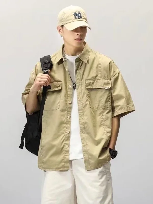 Summer New Men's Casual Loose Short Sleeve Shirt Vintage Design Versatile Japanese Style Breathable Wear Resistant Boys' Shirt