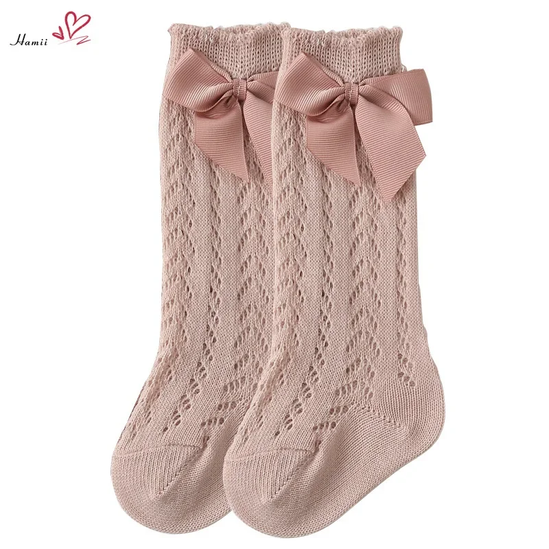 Summer Baby Girls Socks Toddlers Bow Long Sock Kids Knee High Soft Cotton Mesh Spanish Style Hollow Out Lace Stocking 0-12Months