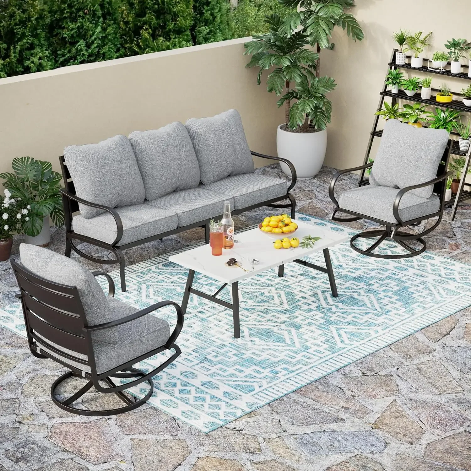 

Patio Furniture Sets with 3-Seat Deep Seating Bench,Cushioned Swivel Sofa Chairs & Coffee Table, Outdoor Metal Conversation Set